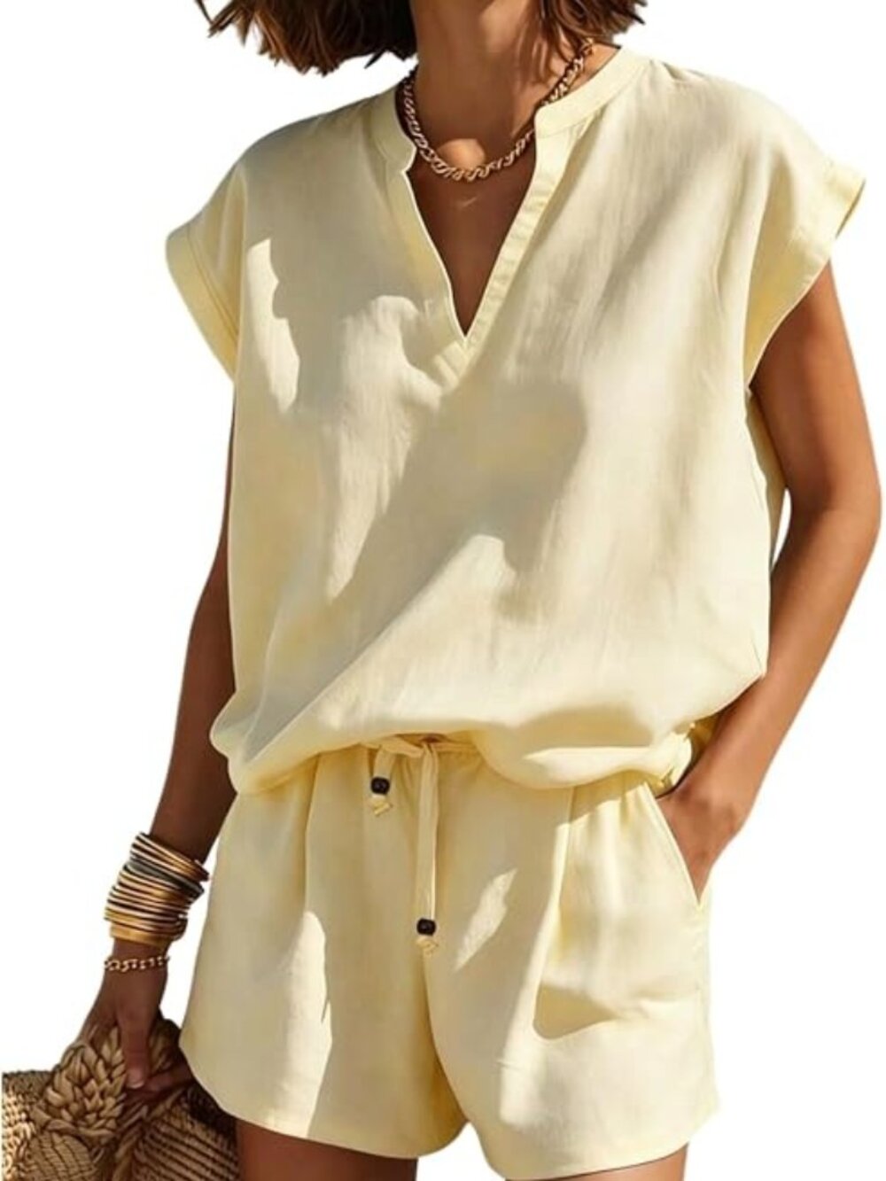 Women's Summer 2 Pc set Short Sleeve V Neck - NWOT - M